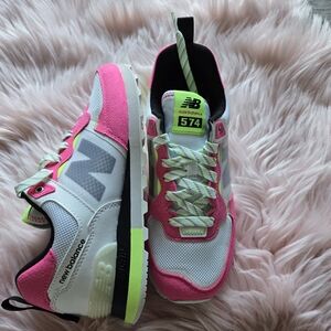 New Balance 574 Womens Sneakers - Pink, Gray, and Neon Green